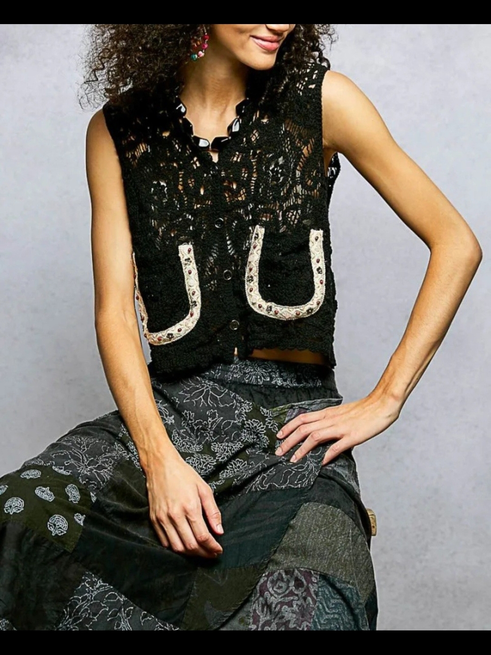 POL Black Crocheted Sleeveless Vest with Cream Trim